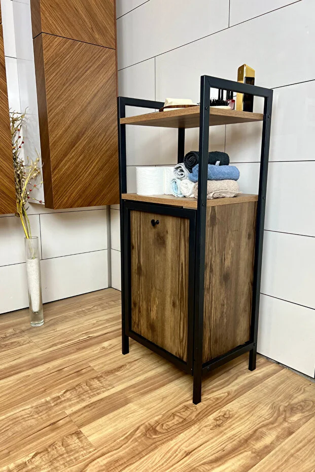 Milonsa Metal Ahşap Banyo Düzenleyici Çamaşır Sepeti - Kirli Sepeti Ahşap Banyo Dolabı - 2 Katlı Banyo Rafı